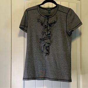 Lauren Ralph Lauren Women’s Short Sleeve Ruffle Bib Top Gray Stripe Shirt Sz M